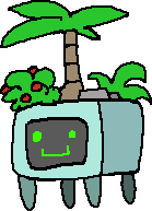 A four-legged computer with a palm tree and plants on its top