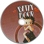 A disc featuring Betty Boop wearing a long black, backless dress against a red background with kiss marks and the word Betty repeated at a low opacity. The disc's title is simply Betty Boop  with two hearts around it.