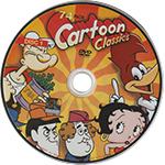Disc that collages Popeye, the three stooges, Betty Boop, and Woody Woodpecker against a yellow background with orange stripes. Its text reads 74 pack Cartoon Classics.