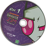 Ivader Zim disc 1. It has a close-up of Zim in his alien form squinting forwards on a purple background.